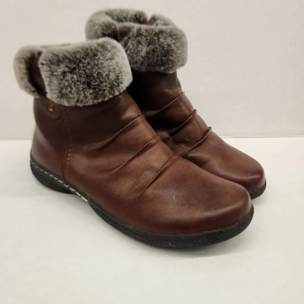Westwind Brown Faux Fur Collar Ankle Boots‎ Women's Size 8M Winter Casual Shoes